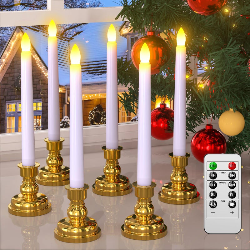 PChero Window Candles with Remote Timer, 6 Packs 7.9" Battery Operated Flameless LED Taper Candles Lights with Removable Gold Candle Holders, Ideal for Thanksgiving Table Christmas Fall Home Decor - Image 1